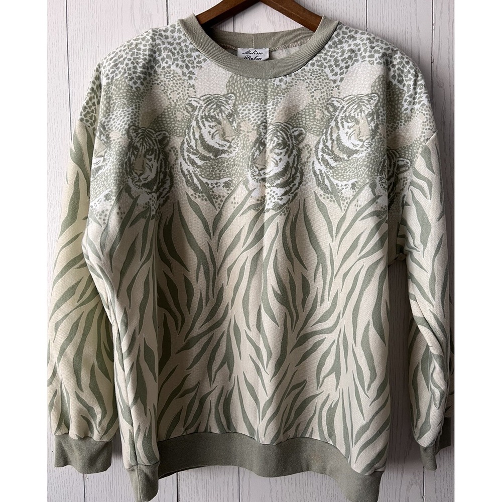Vintage 80's Tiger Print Sweatshirt Crewneck AOP‎ Melissa Robin Shoulder Pads